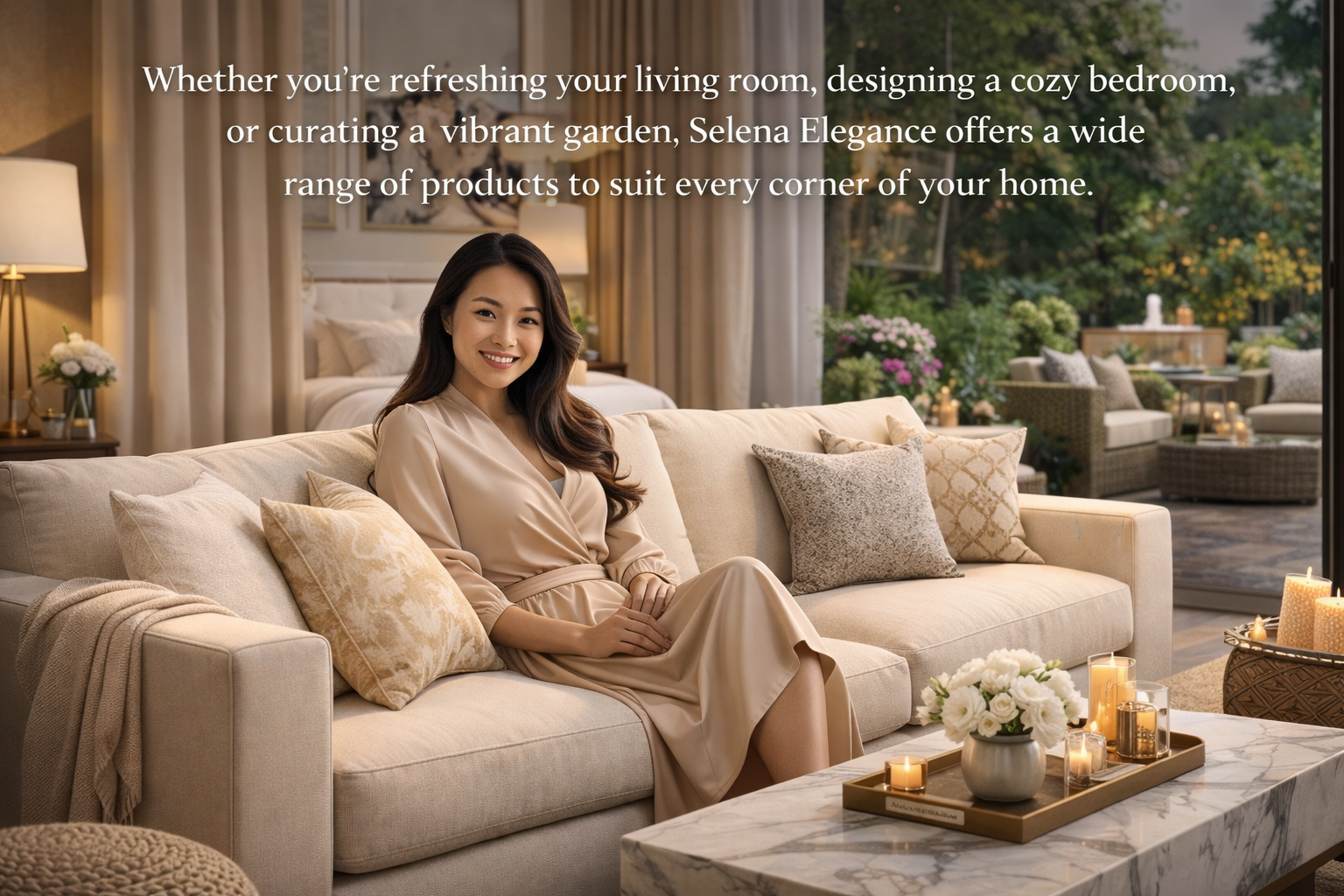 Elegant home décor products by Selena Elegance featuring a refreshed living room, cozy bedroom, and vibrant garden setup